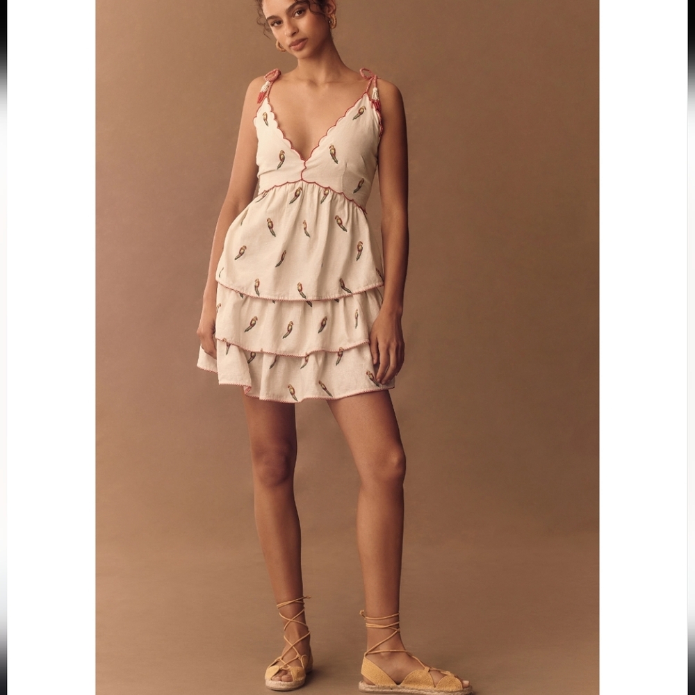 Farm Rio Ruffled Tiered Linen Mini Dress Embroidered Parrot, Medium